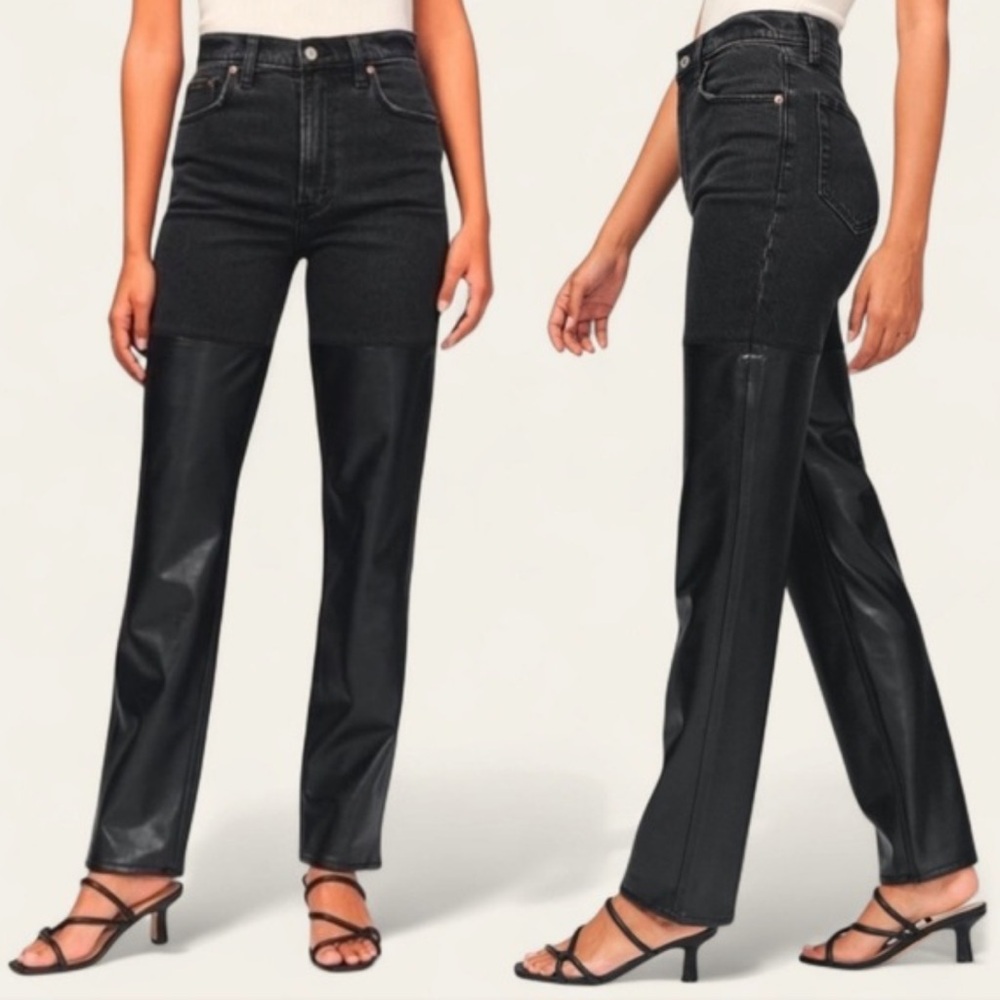NEW Abercrombie & Fitch Black Biker Denim Jeans with faux leather 24 XS